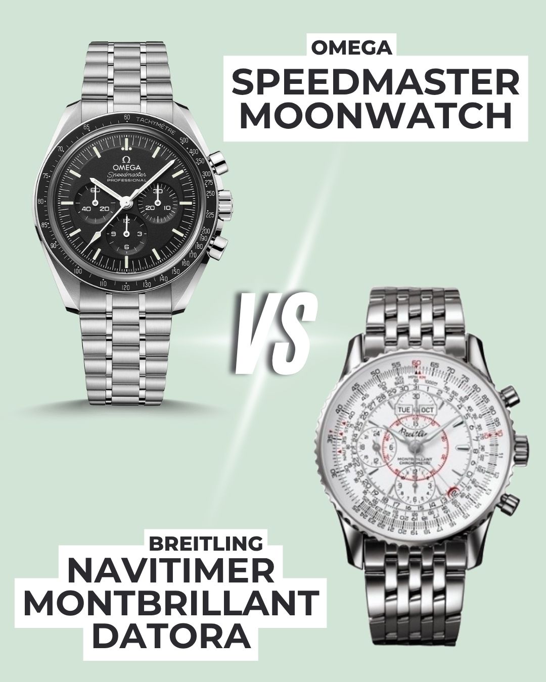 Die OMEGA Speedmaster Professional Moonwatch Saphir Referenz 310.30.42.50.01.002 mit schwarzem Zifferblatt am Edelstahlarmband links und die Breitling Navitimer Montbrillant Datora Referenz A21330 mit weißem Zifferblatt am Edelstahlarmband rechts abgebildet vor grünem Hintergrund