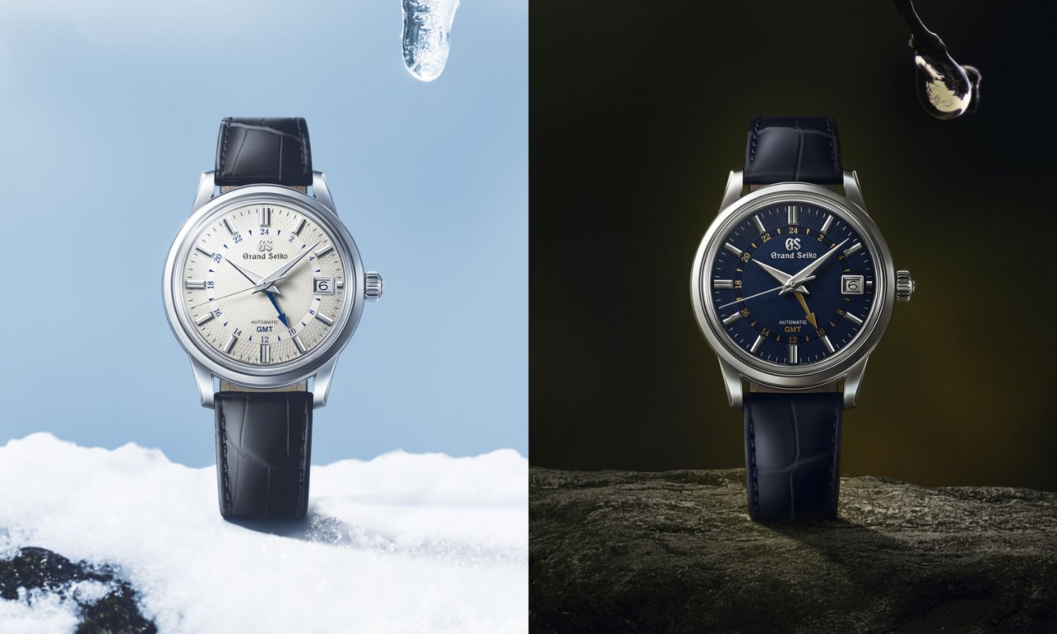Grand Seiko SBGM255 „Snowdrop“ mit weißem Zifferblatt am Lederarmband, Grand Seiko SBGM257 „Moondrop“ mit dunkelblauem Zifferblatt am Lederarmband von vorne abgebildet