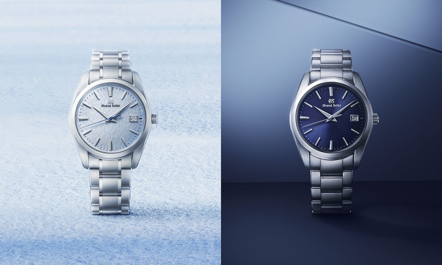 Grand Seiko SBGX357 „Skyflake“ mit hellblauem Zifferblatt am Edelstahlarmband und SBGX265 mit dunkelblauem Zifferblatt am Edelstahlarmband alle von vorne abgebildet