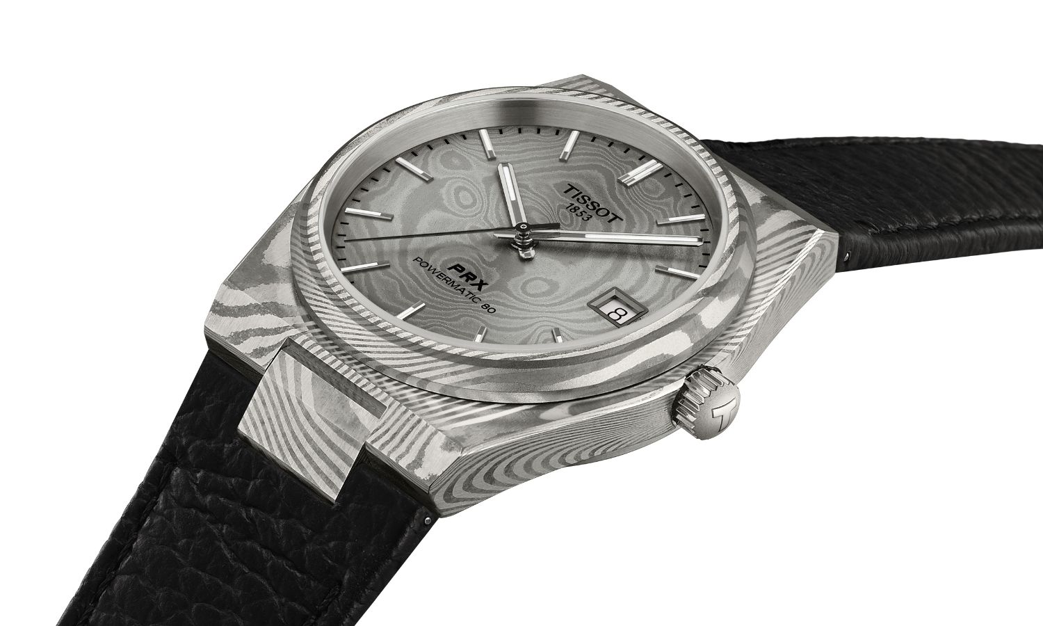Tissot PRX Damascus Powermatic 80 Titan 38 mm Referenz T137.807.96.081.00 mit grauem Zifferblatt am schwarzem Lederarmband abgebildet vor weißem Hintergrund