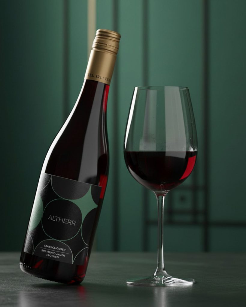 ALTHERR Mayschosser Spätburgunder Rotwein leicht geneigt stehend neben einem mit Rotwein gefüllten Weinglas vor dunkelgrünem Hintergrund