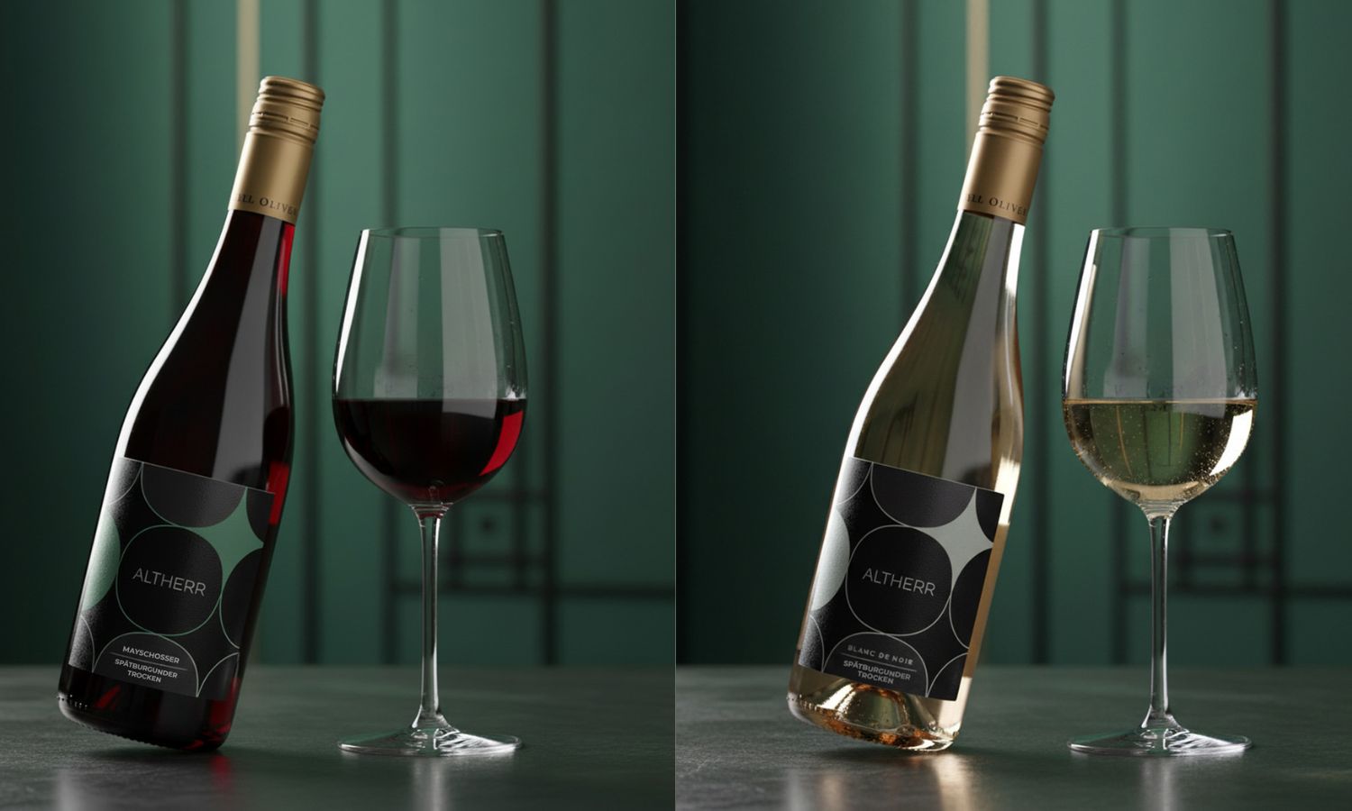 ALTHERR Mayschosser Spätburgunder Rotwein leicht geneigt stehend neben einem mit Rotwein gefüllten Weinglas vor dunkelgrünem Hintergrund links und ALTHERR Spätburgunder Blanc de Noir Weißwein leicht geneigt stehend neben einem mit Weißwein gefüllten Weinglas vor dunkelgrünem Hintergrund rechts