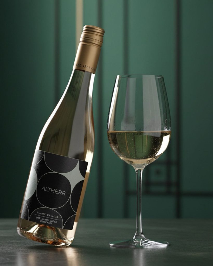 ALTHERR Spätburgunder Blanc de Noir Weißwein leicht geneigt stehend neben einem mit Weißwein gefüllten Weinglas vor dunkelgrünem Hintergrund