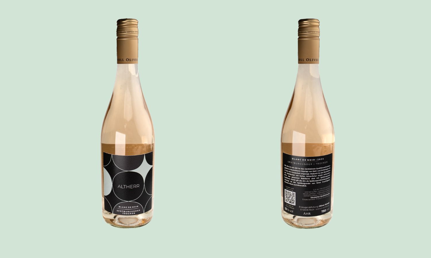 ALTHERR Spätburgunder Blanc de Noir Weißwein von vorne und hinten abgebildet vor hellgrünem Hintergrund
