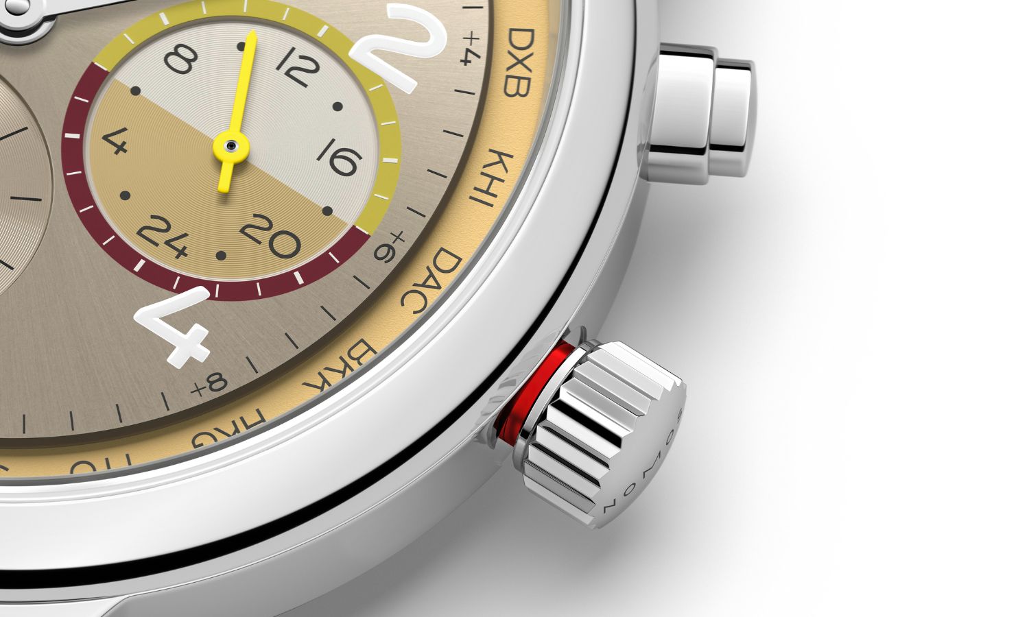 Nahaufnahme des Edelstahlgehäuses und der Krone der NOMOS Glashütte Club Sport neomatik Weltzeit Reverie (Ref. 790.S11)