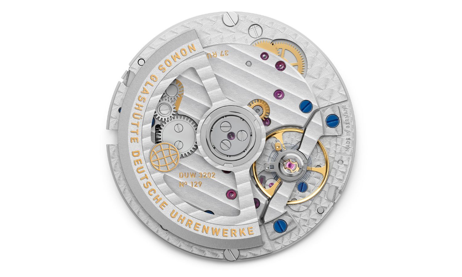 Frontalansicht des NOMOS Glashütte DUW 3202 Uhrwerks vor weißem Hintergrund abgebildet