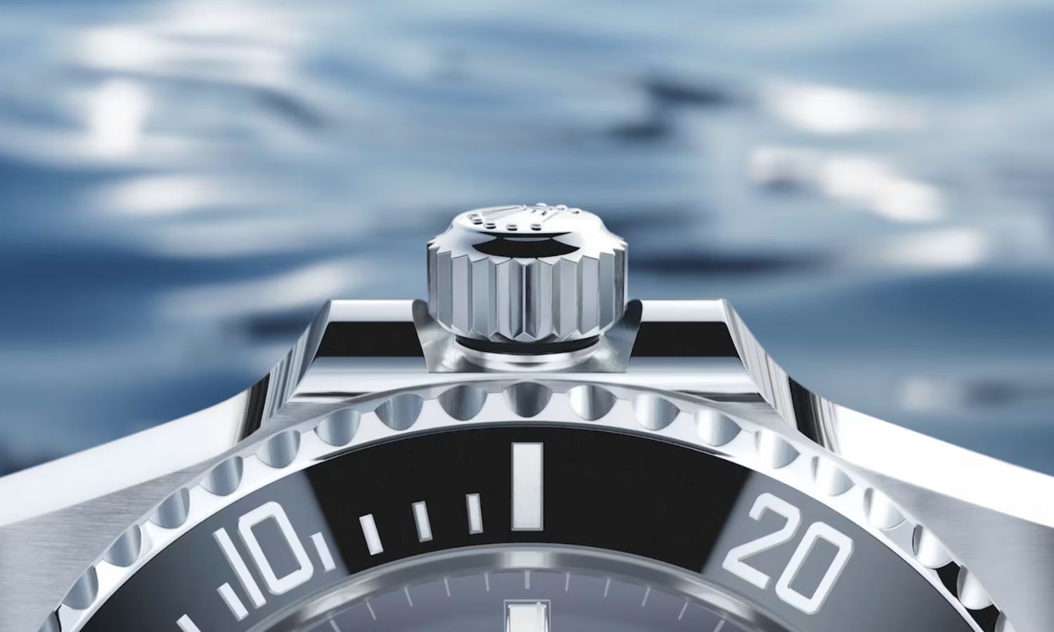 Nahaufnahme der Krone der Rolex Submariner