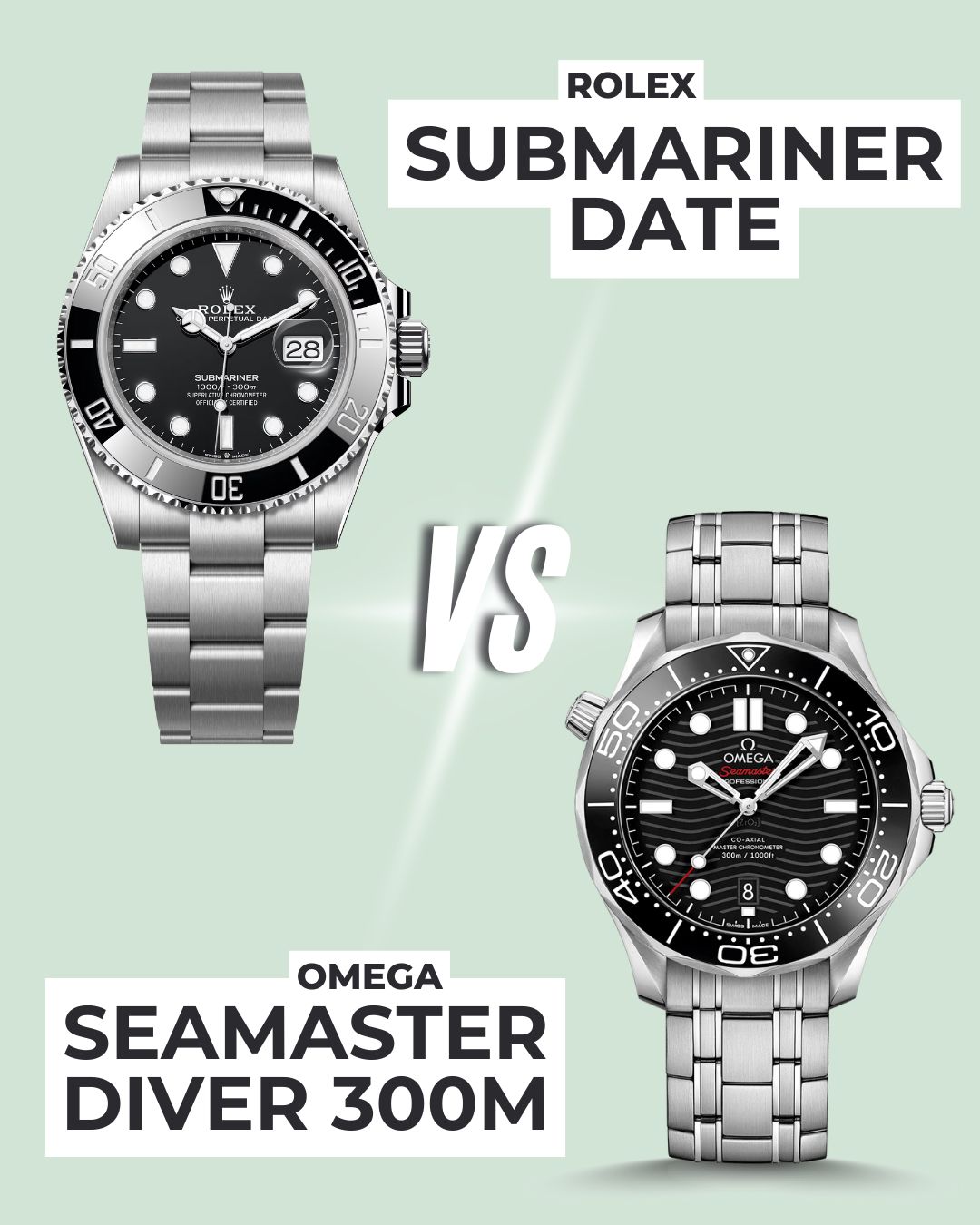 Die Rolex Submariner Referenz 126610LN mit schwarzem Zifferblatt am Edelstahlarmband links und die OMEGA Seamaster Diver 300M Referenz 210.30.42.20.01.001 mit schwarzem Zifferblatt am Edelstahlarmband rechts abgebildet vor hellgrünem Hintergrund