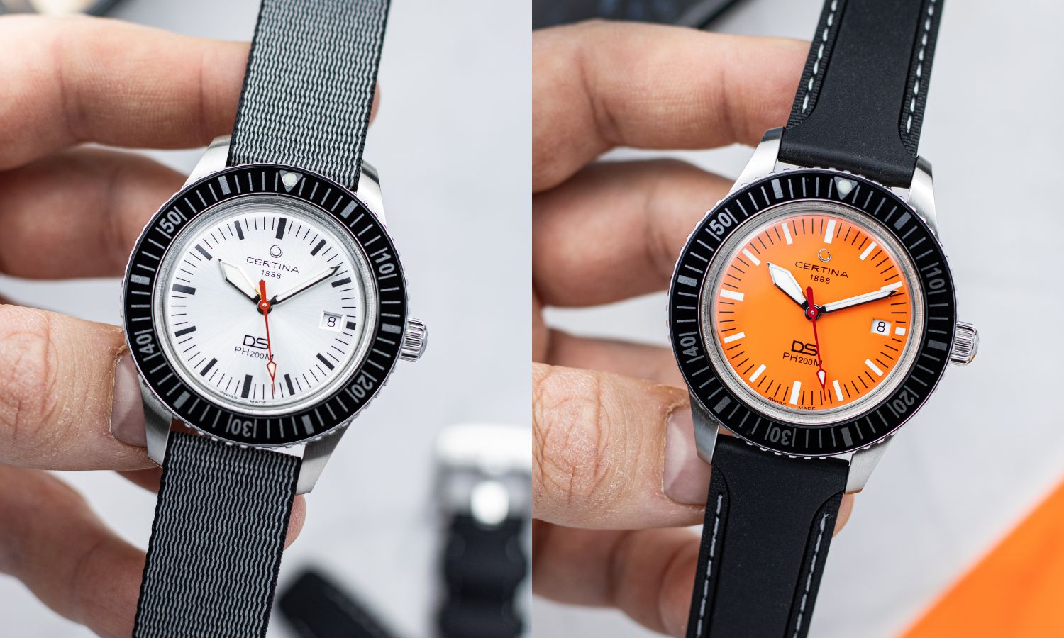 Certina DS PH200M Powermatic 80 mit silbernem und orangenem Zifferblatt in einer Hand gehalten abgebildet vor hellem Hintergrund