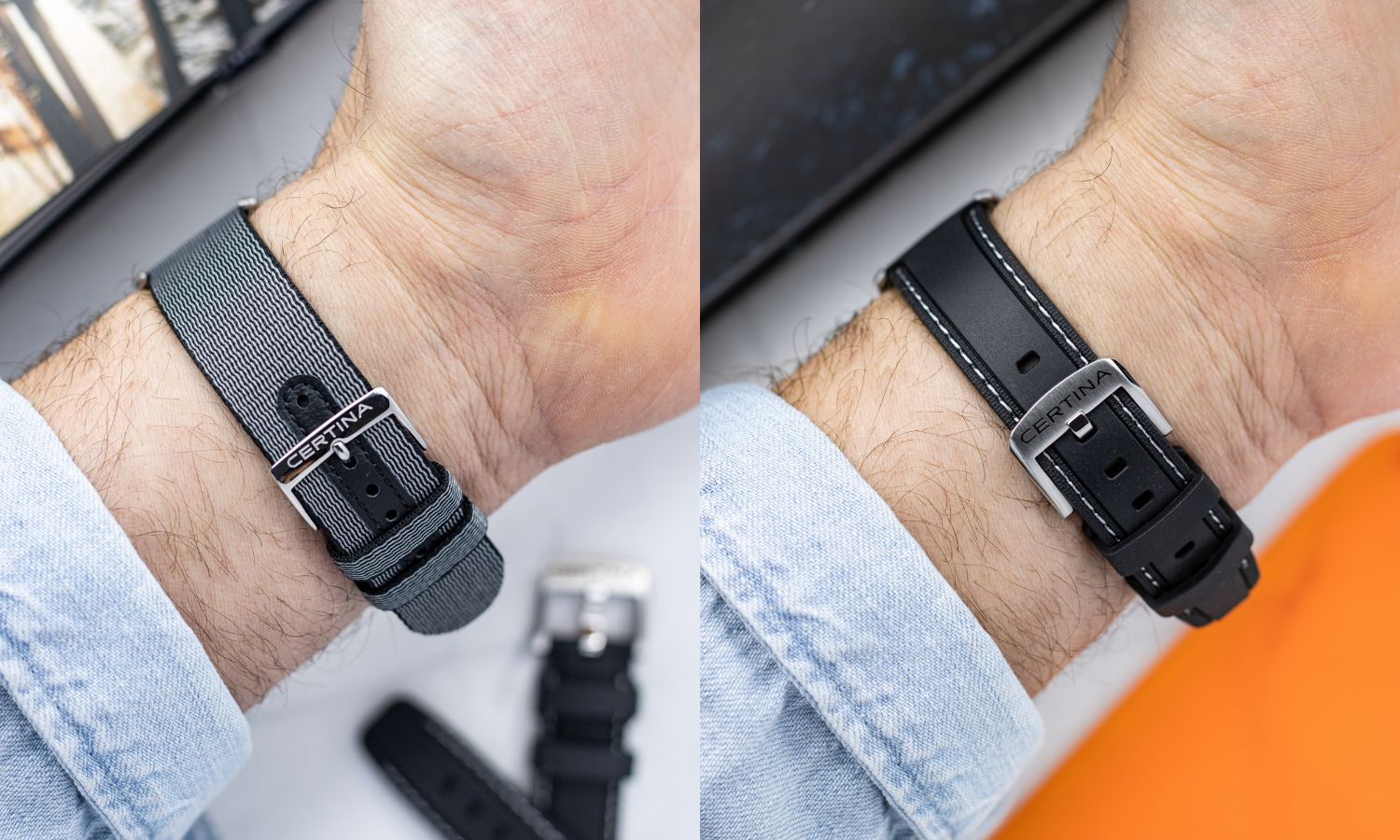 Das Textilband und das Kautschukband der Certina DS PH200M Powermatic 80 an einem Handgelenk getragen mit hellblauem Ärmel