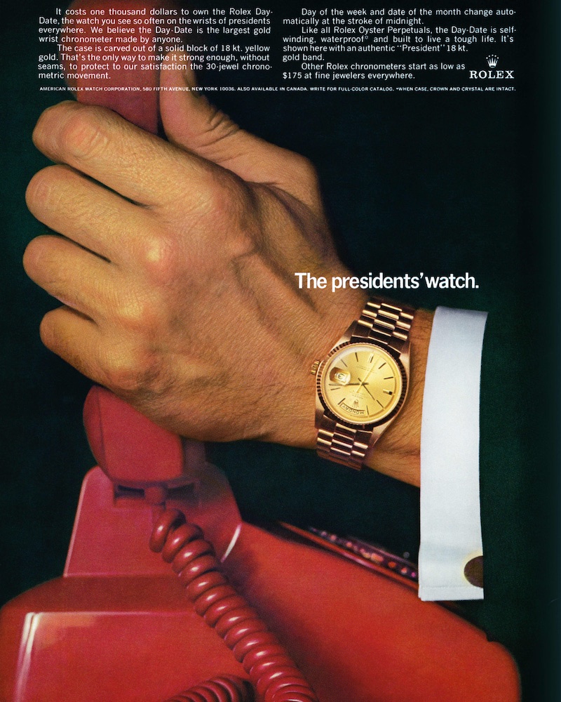 Historische Werbung für die Rolex Day Date President Watch in Nahaufnahme