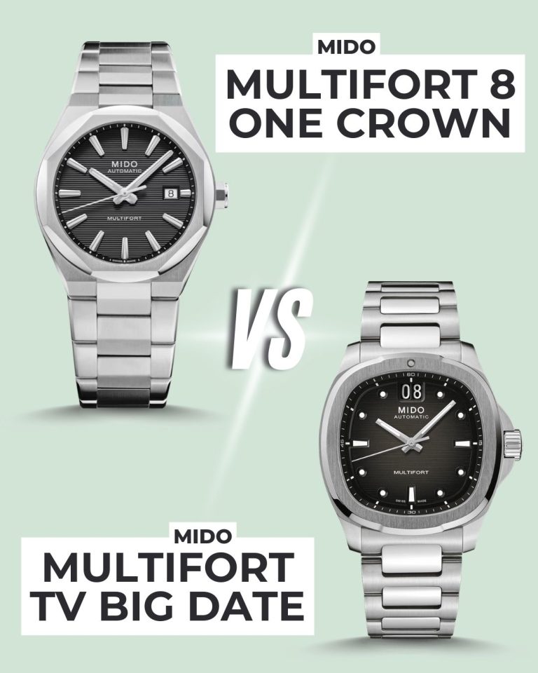 Mido Multifort 8 One Crown Referenz M055.507.11.051.00 mit schwarzem Zifferblatt am Edelstahlband und Mido Multifort TV Big Date Referenz M049.526.11.081.00 mit schwarzem Zifferblatt am Edelstahlband abgebildet vor hellgrünem Hintergrund