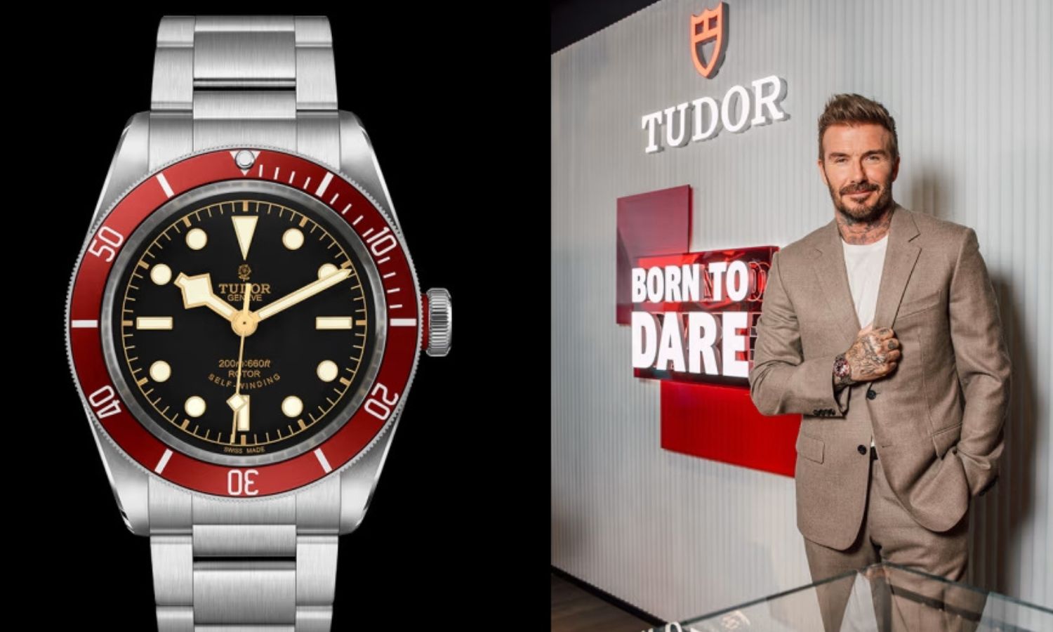 Blick auf ein Foto mit der TUDOR Black Bay 79220R und David Beckham.