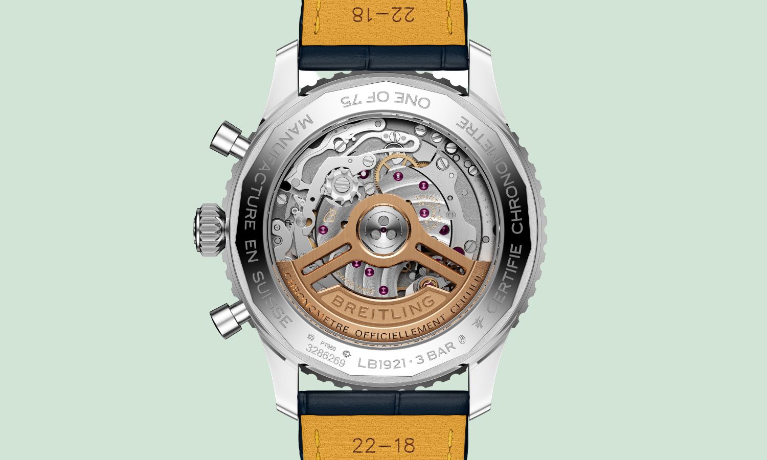 Breitling B19 Manufakturkaliber abgebildet vor hellgrünem Hintergrund