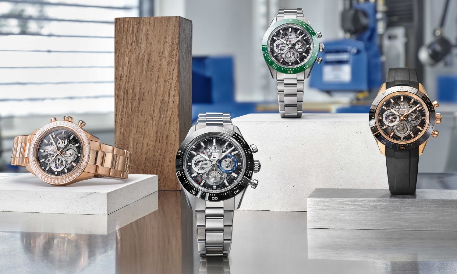 Blick von vorne auf die vier Varianten der ZENITH Chronomaster Sport 2026.