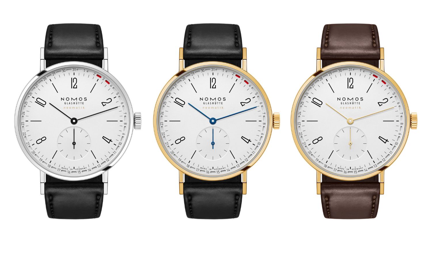 Blick auf die drei neuen Modelle der NOMOS neomatik update. Eine Stahl- und zwei Goldversionen.