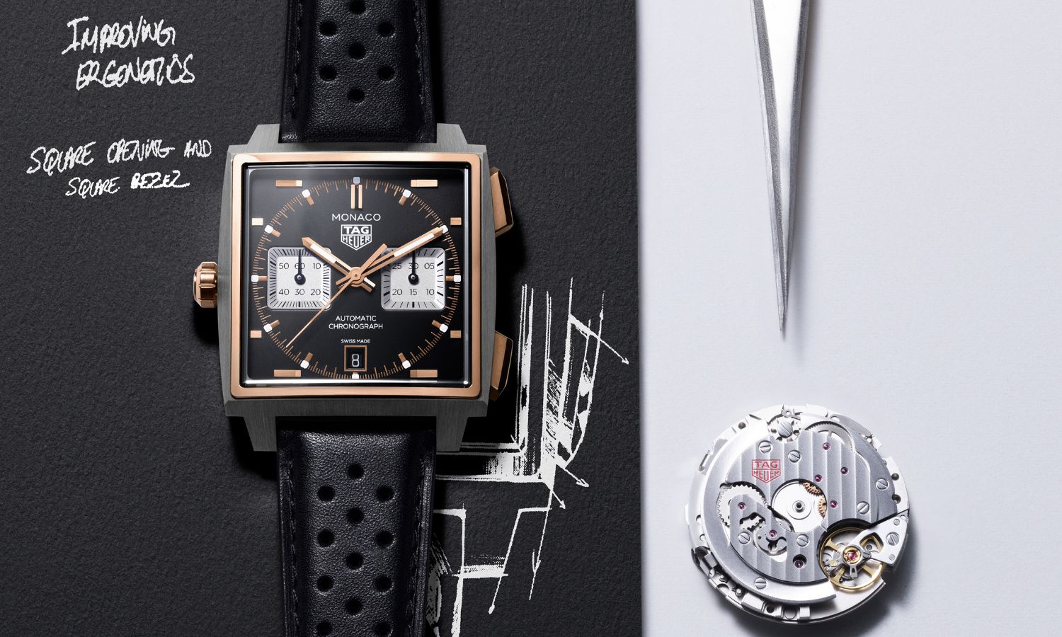 Blick von oben auf die neue TAG Heuer Monaco mit schwarzem Zifferblatt.