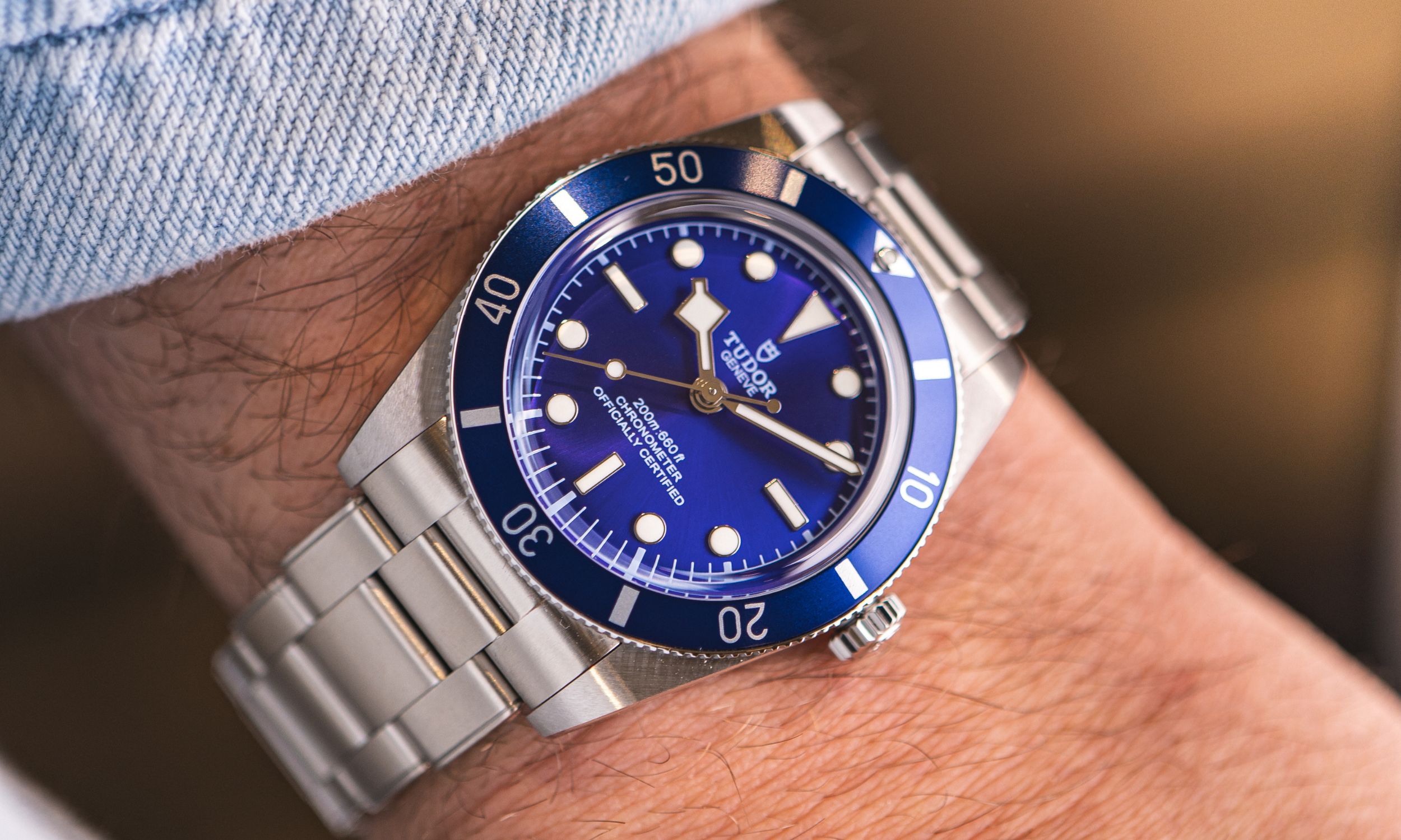 Nahaufnahmen-Wristshot einer TUDOR Black Bay 54 TUDOR Blue